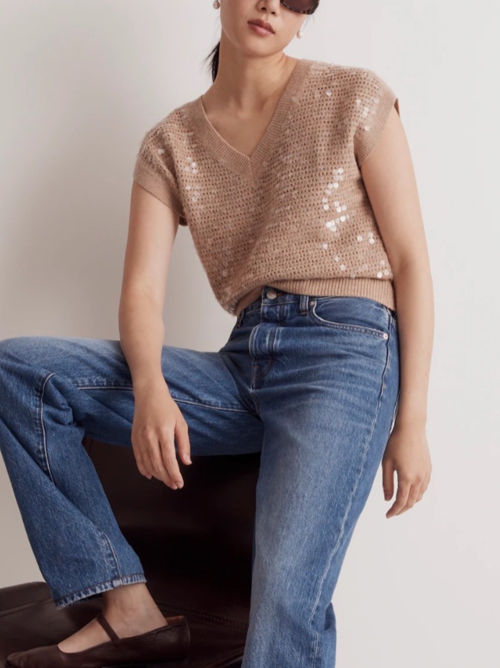 Madewell Sequin-Embellished Sweater Vest, tawny beige color, size M